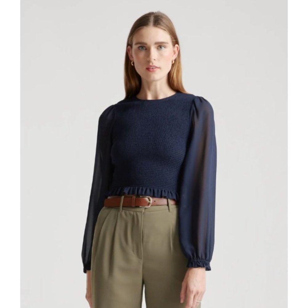 Quince Chiffon Cropped Smocked Blouse Navy Blue sz XS NWT Long Sleeve Sheer Arm